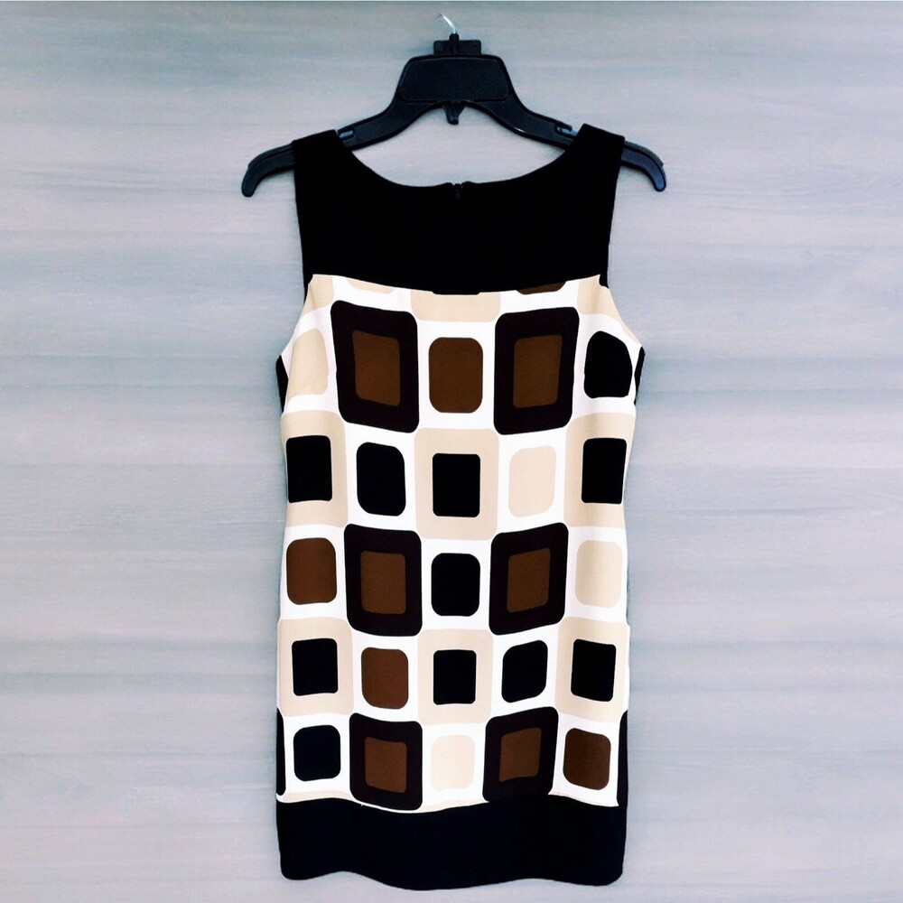 Women’s Shift Dress Geometric Brown Black Tan VTG 80’s Retro Office SZ 4 EUC